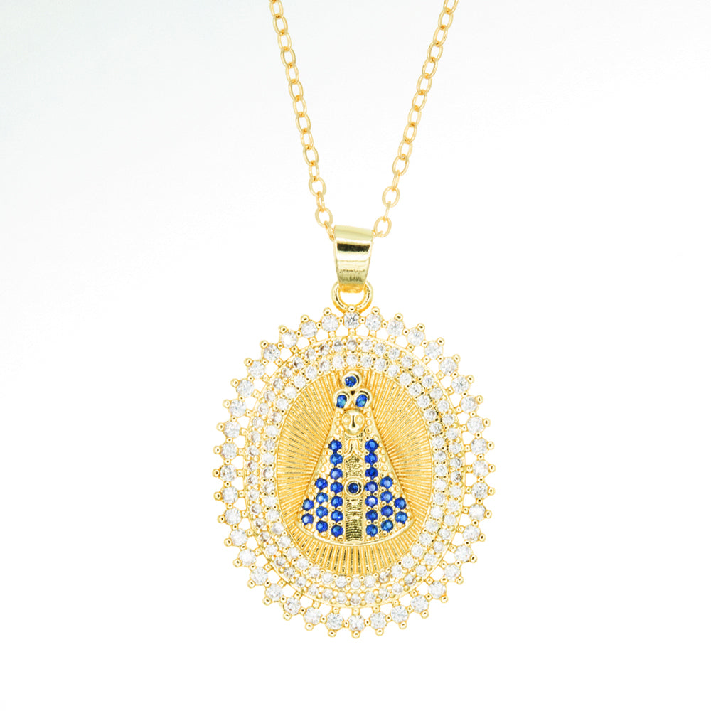 Gargantilla Virgen de Aparecida con Piedra Blanca y Azul Chapa 3CM