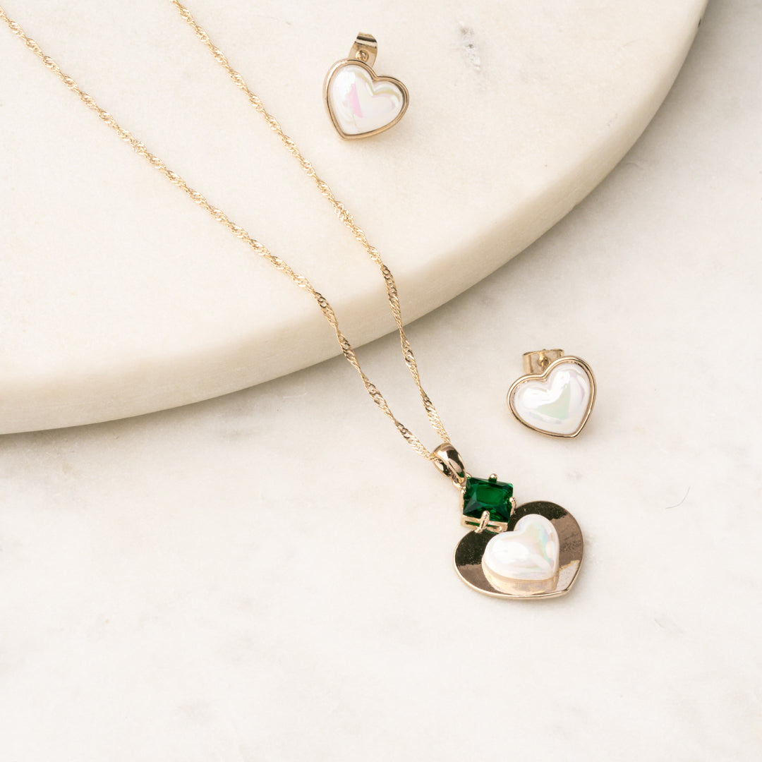 Juego Corazón Nacarado Esmeralda Chapa