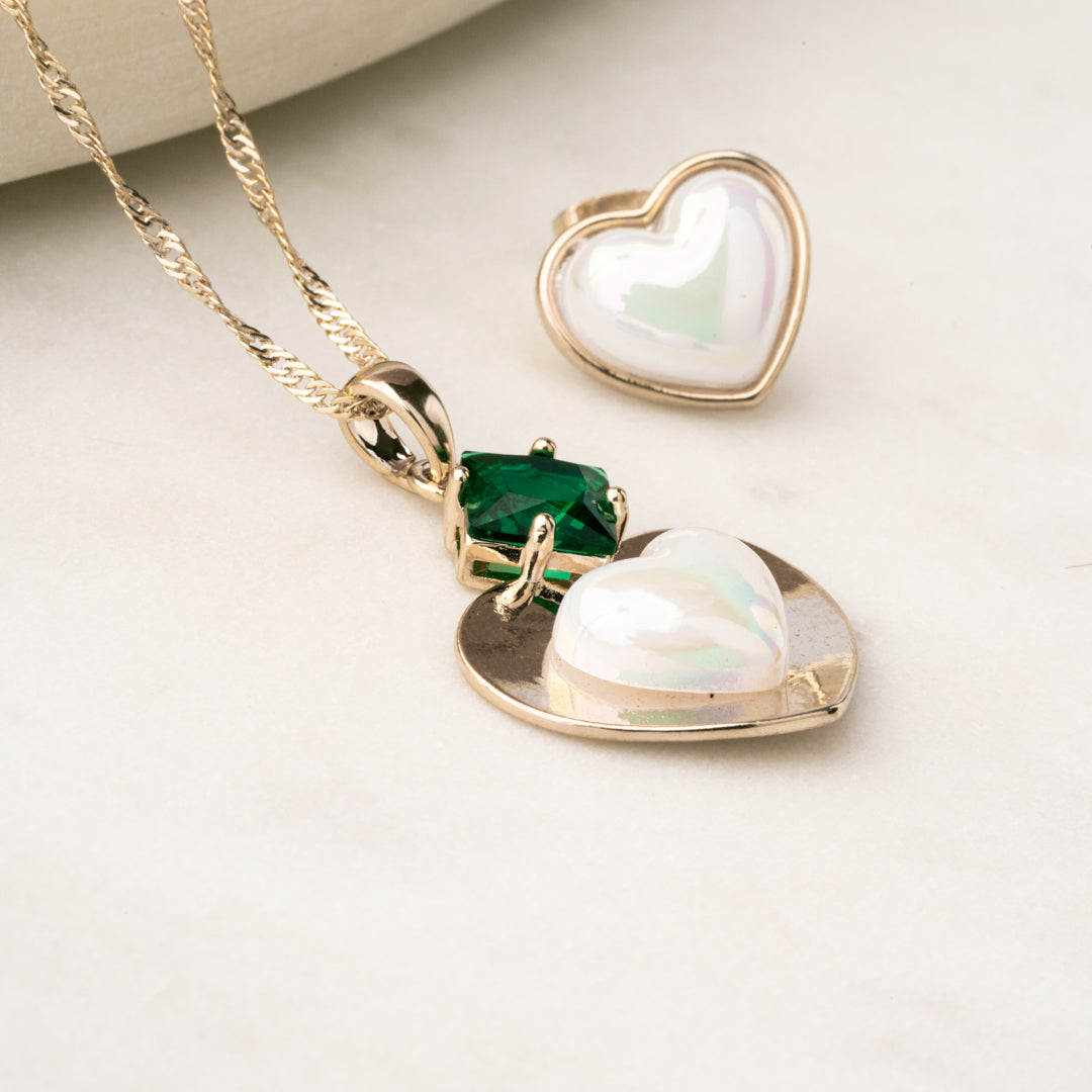 Juego Corazón Nacarado Esmeralda Chapa
