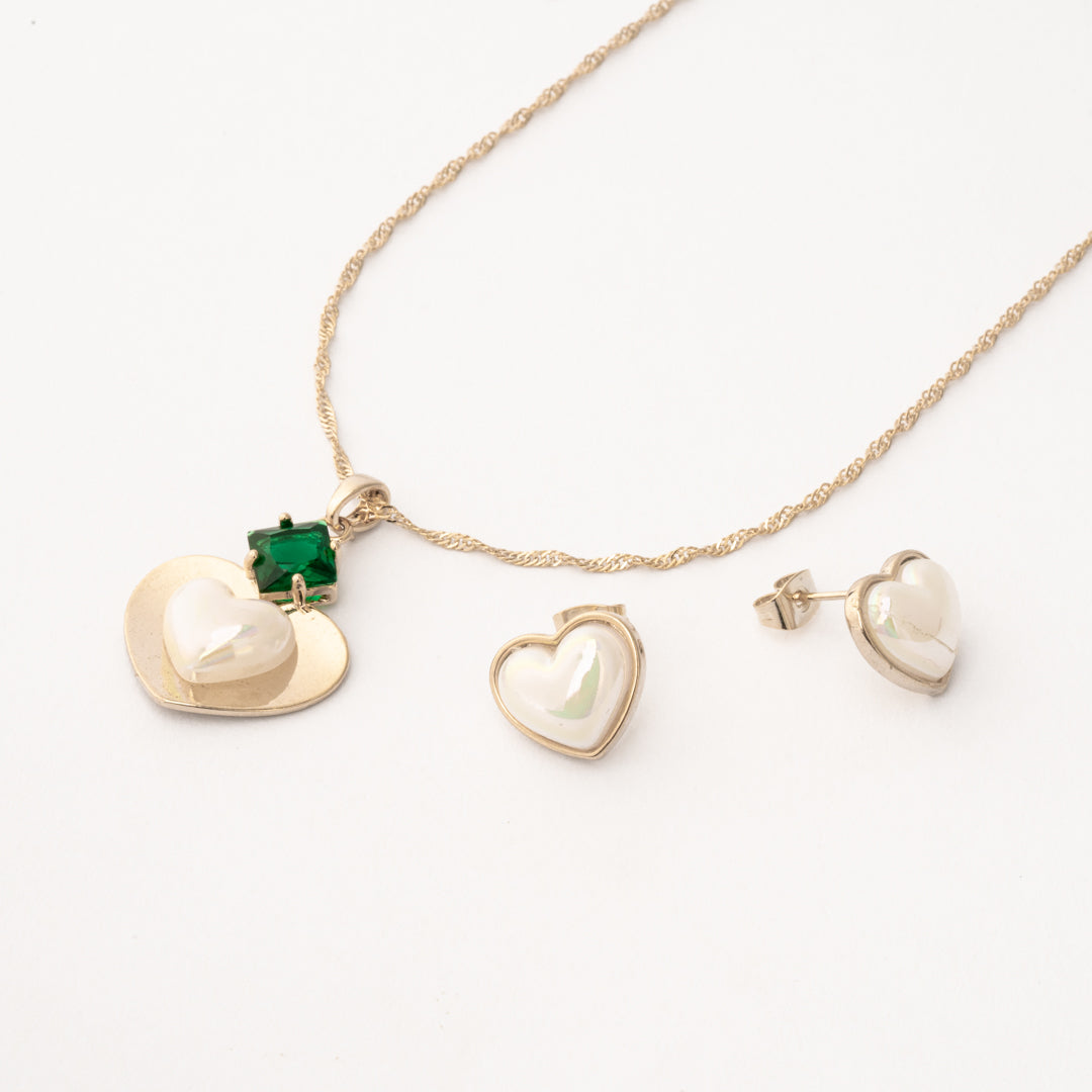 Juego Corazón Nacarado Esmeralda Chapa