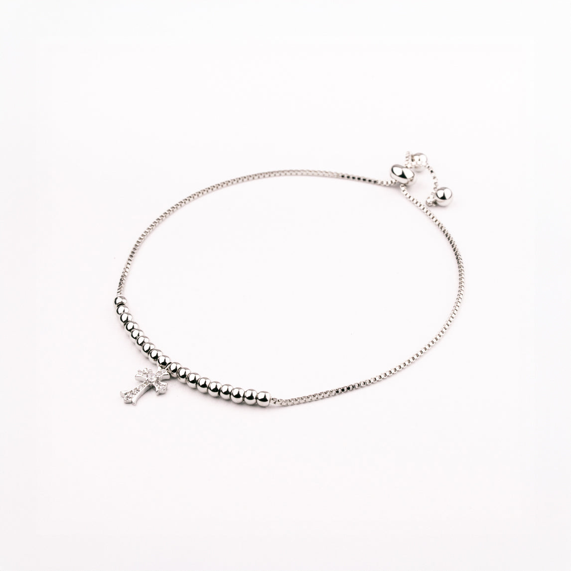 Pulsera Cruz Esferas Rodio