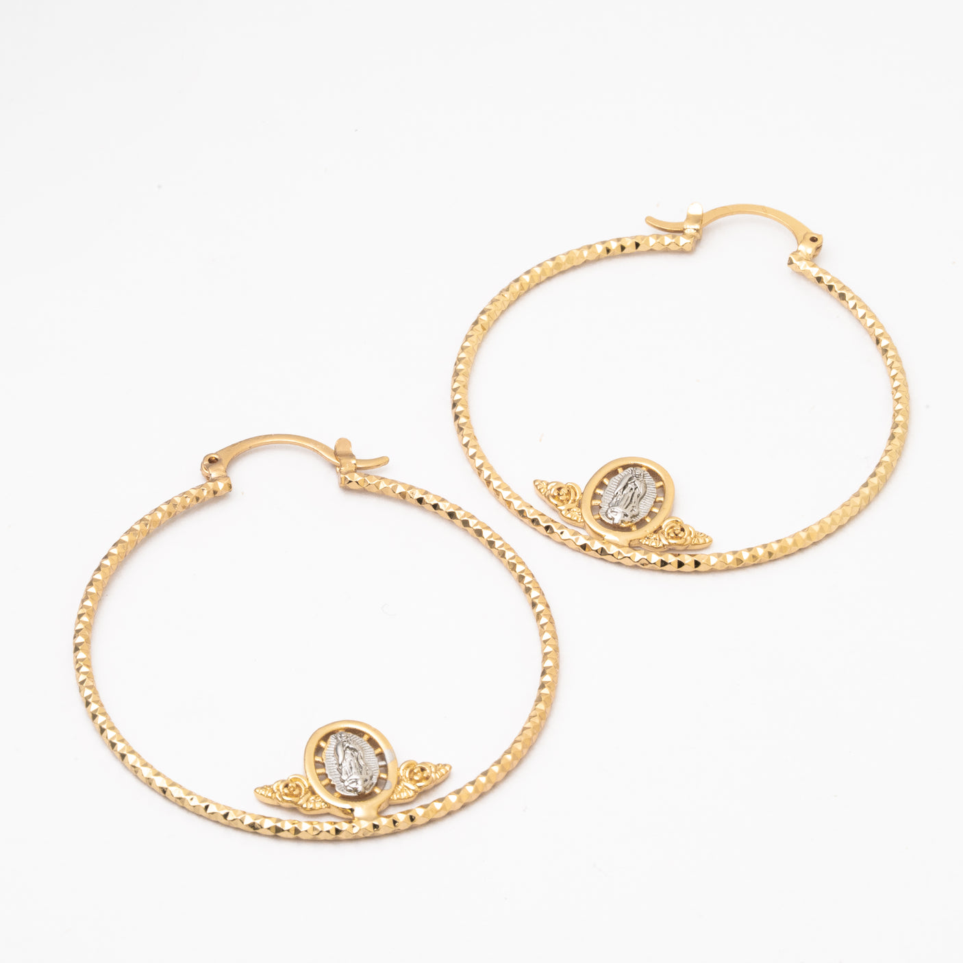 Arracadas Virgen Divina Chapa y Rodio 4.7cm